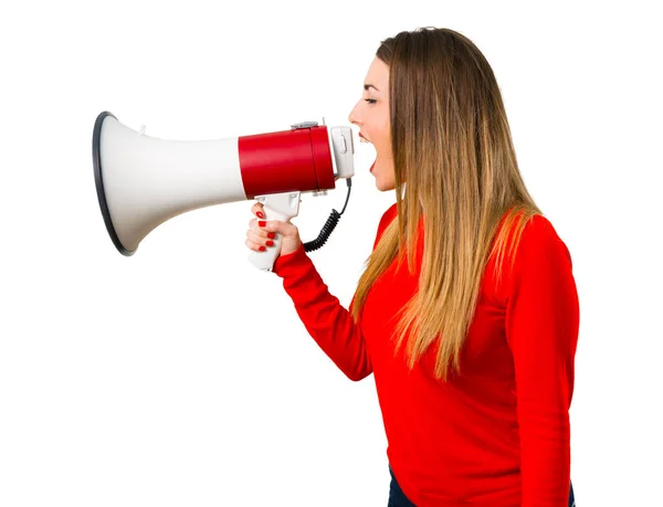 Jovem Loira Segurando Megafone — Fotografia de Stock