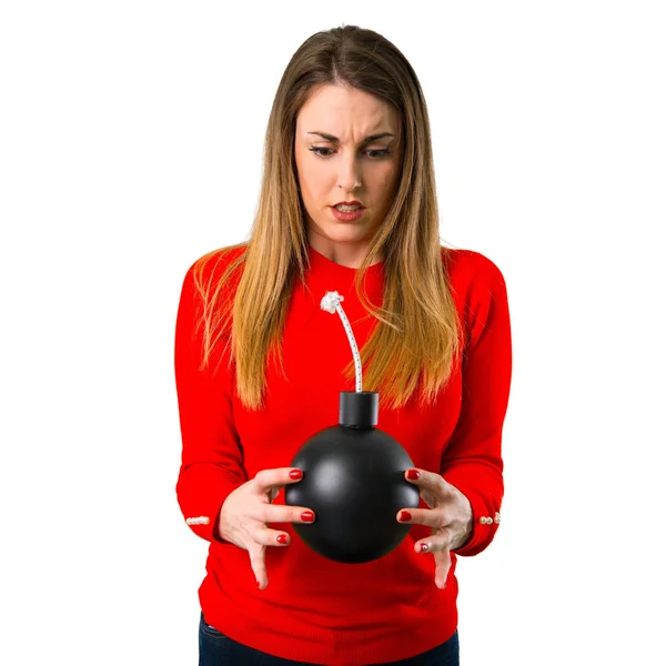 Young Blonde Woman Holding Bomb — Stock Photo, Image