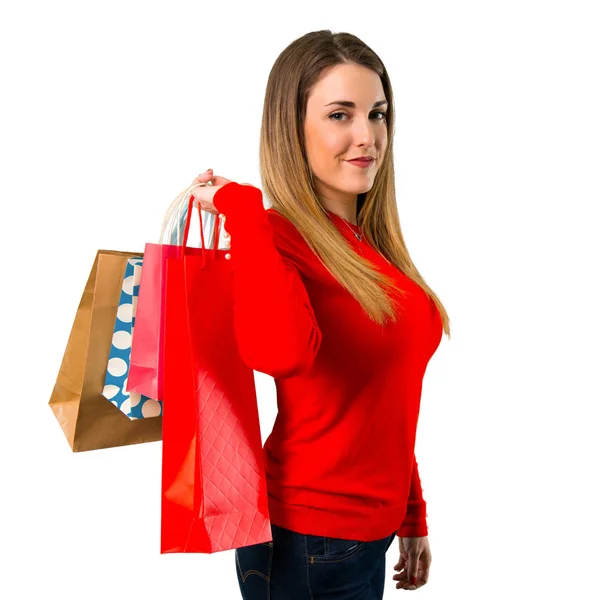 Felice Giovane Donna Bionda Con Shopping Bag — Foto Stock