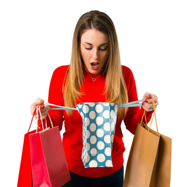 Surprised Young Blonde Woman Shopping Bag — Stock Photo, Image