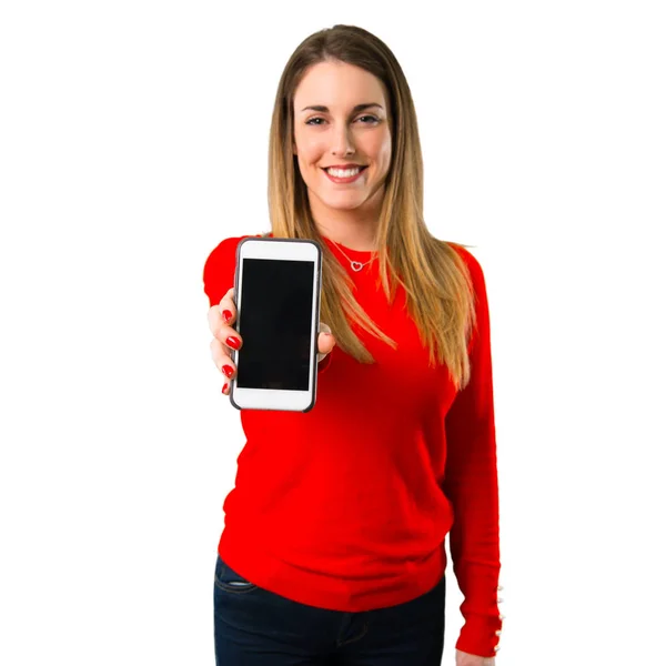 Glückliche Junge Blonde Frau Gespräch Mit Dem Handy — Stockfoto