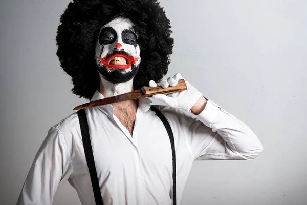 Killer Clown Mit Messer Macht Selbstmordgeste Auf Texturiertem Hintergrund — Stockfoto