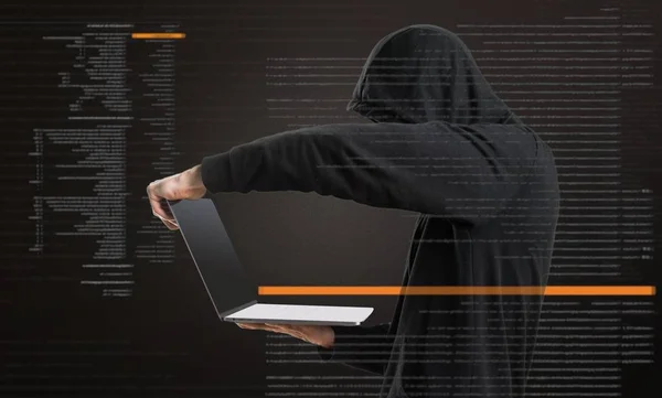 Gefrustreerd Hacker Zijn Computer Donkere Achtergrond — Stockfoto