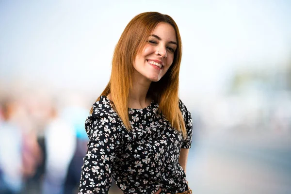 Beautiful Young Girl Winking Unfocused Background — Stock Photo, Image