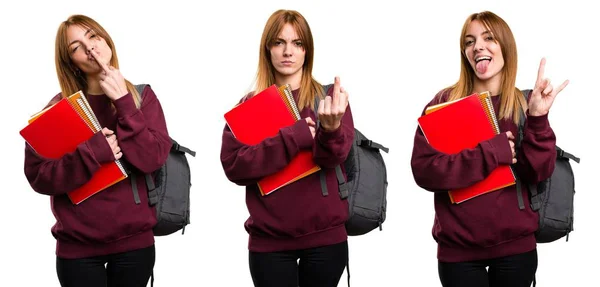 Conjunto Estudante Mulher Fazendo Gesto Chifre — Fotografia de Stock