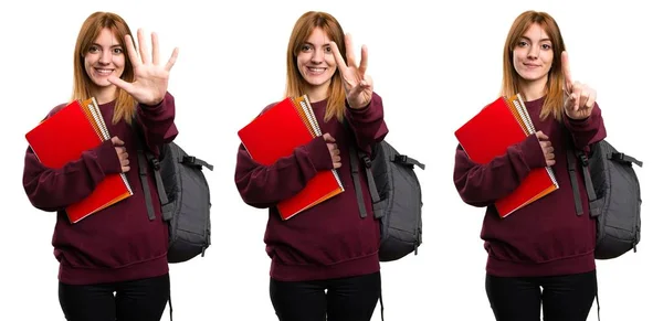 Conjunto Estudante Mulher Contando Três Cinco — Fotografia de Stock