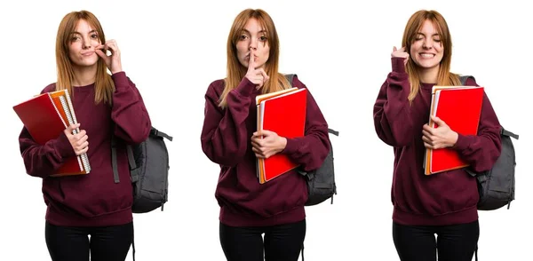 Conjunto Estudante Mulher Fazendo Gesto Silêncio — Fotografia de Stock