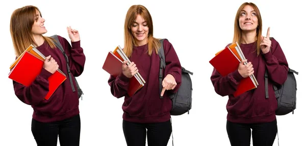 Conjunto Mujer Estudiante Apuntando Hacia Abajo Hacia Atrás Hacia Arriba —  Fotos de Stock