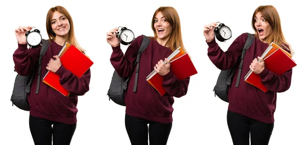 Set Student Woman Holding Vintage Clock — Stock Photo, Image