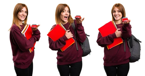 Conjunto Estudiante Mujer Sosteniendo Poco Coche — Foto de Stock