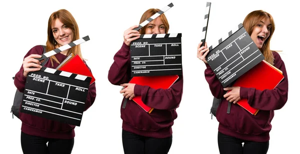 Set Student Woman Holding Clapperboard — Stock Photo, Image