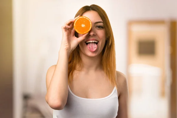 Crazy Beautiful Young Girl Wearing Orange Slices Glasses Unfocused Background — Stock Photo, Image