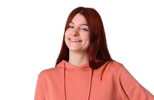 Young Redhead Girl Pink Sweatshirt Posing Arms Hip Smiling Isolated — Stock Photo, Image