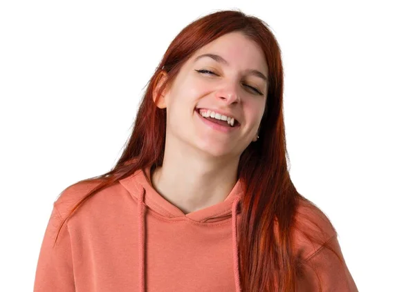 Young Redhead Girl Pink Sweatshirt Smiling Lot While Putting Hands — Stok fotoğraf