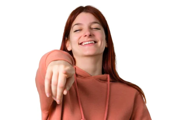 Young Redhead Girl Pink Sweatshirt Pointing Finger Someone Laughing Lot — Stock Photo, Image