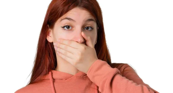 Young Redhead Girl Pink Sweatshirt Covering Mouth Hands Saying Something — Stock Photo, Image