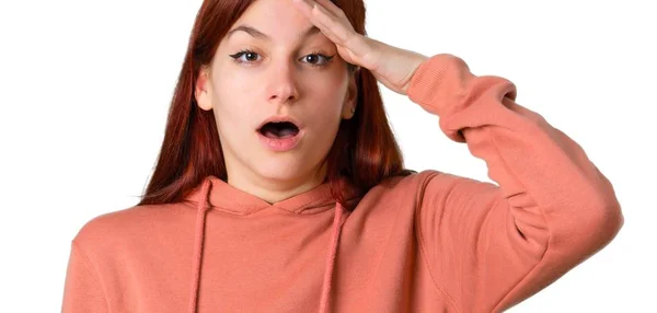 Young Redhead Girl Pink Sweatshirt Has Just Realized Something Has — Stock Photo, Image