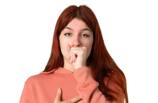 Young Redhead Girl Pink Sweatshirt Suffering Cough Feeling Bad Isolated — Stock Photo, Image