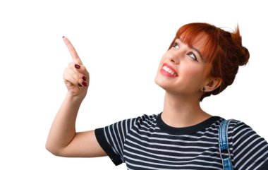 Harika bir fikir işaret parmağı ile işaret genç öğrenci Kızıl saçlı kız