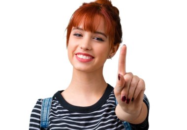 Genç öğrenci Kızıl saçlı kız numaralı işaret sayma