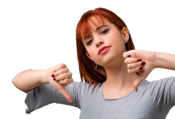 Young Redhead Girl Showing Thumb Sign Negative Expression — Stock Photo, Image