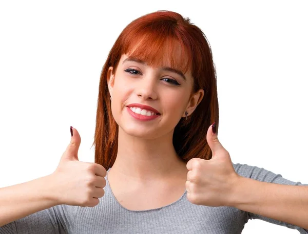Young Redhead Girl Giving Thumbs Gesture Smiling — Stock Photo, Image