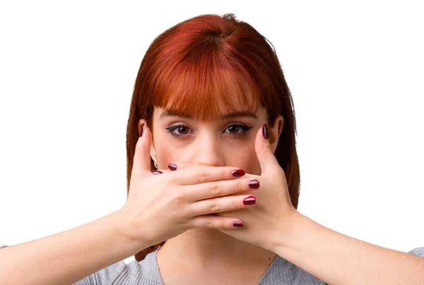 Young Redhead Girl Covering Mouth Hands — Stock Photo, Image