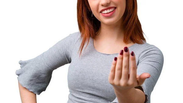 Young Redhead Girl Presenting Inviting Come — Stock Photo, Image