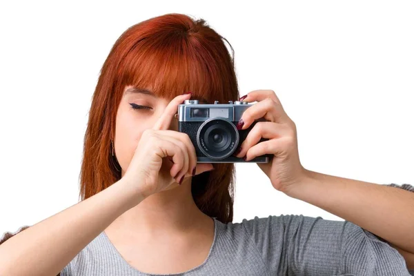 Young Redhead Girl Photographing — Stock Photo, Image