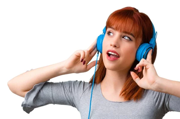 Young Redhead Girl Listening Music Headphones — Stock Photo, Image