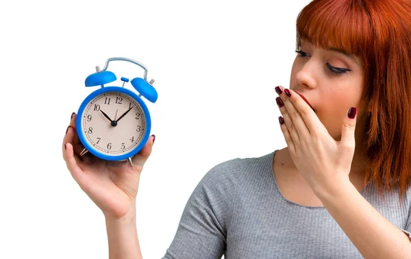 Young Redhead Girl Holding Vintage Alarm Clock — Stock Photo, Image