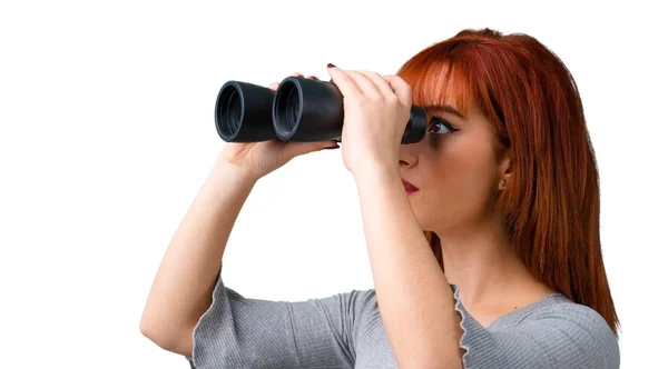 Young Redhead Girl Black Binoculars — Stock Photo, Image