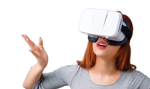 Young Redhead Girl Using Glasses Virtual Reality Experience — Stock Photo, Image