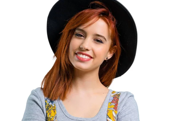 Cool Redhead Girl Hat Keeping Arms Crossed — Stock Photo, Image