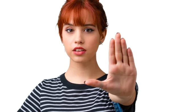 Genç Öğrenci Kızıl Saçlı Kız Yapma Dur Jest Eliyle — Stok fotoğraf