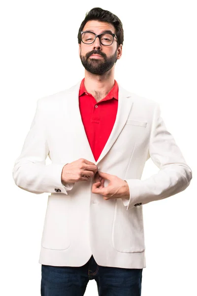 Happy Brunette Man Glasses White Background — Stock Photo, Image