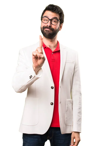 Hombre Morena Con Gafas Contando Una Sobre Fondo Blanco —  Fotos de Stock