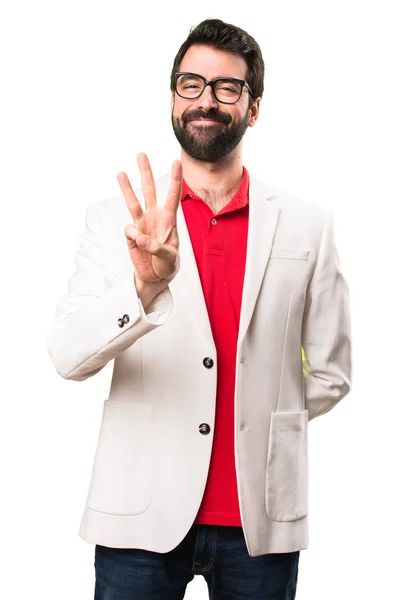 Hombre Morena Con Gafas Contando Tres Sobre Fondo Blanco — Foto de Stock