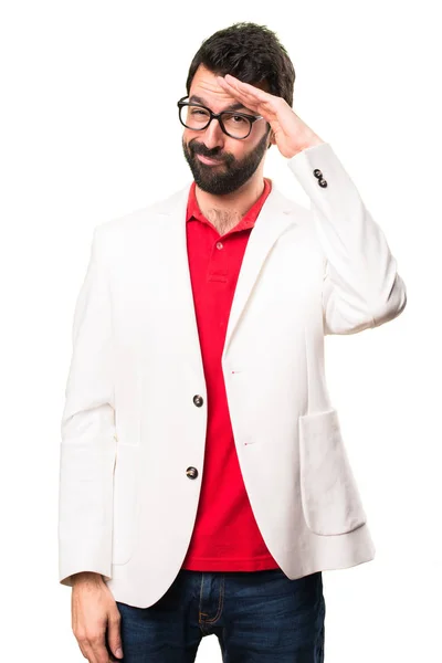 Hombre Morena Con Gafas Saludando Sobre Fondo Blanco — Foto de Stock
