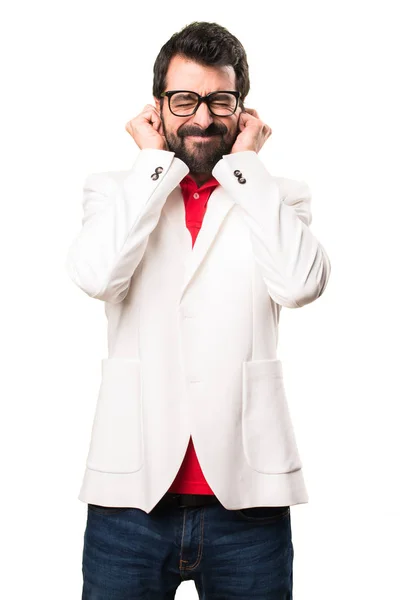 Brunette Man Glasses Covering His Ears White Background — Stock Photo, Image