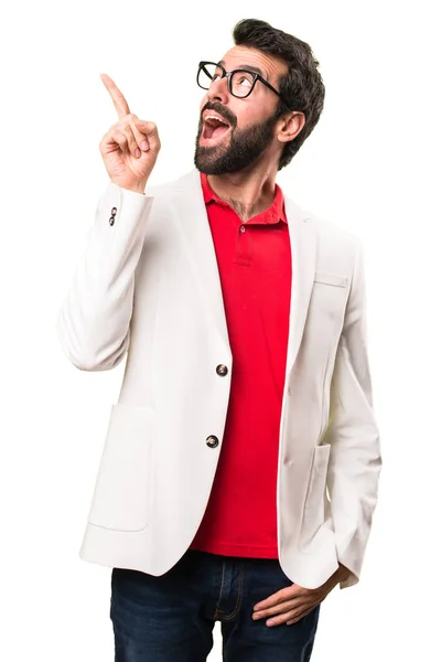 Brunette Man Glasses Thinking White Background — Stock Photo, Image