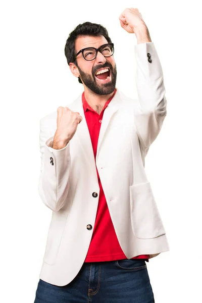 Счастливая Брюнетка Мужчина Очках Белом Фоне — стоковое фото