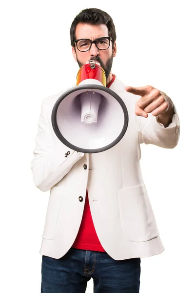 Brunette Man Glasses Holding Megaphone White Background — Stock Photo, Image