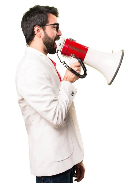 Hombre Morena Con Gafas Sosteniendo Megáfono Sobre Fondo Blanco — Foto de Stock