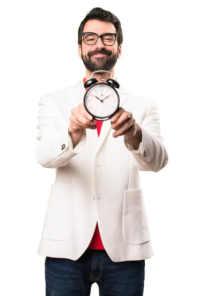 Feliz Morena Homem Com Óculos Segurando Relógio Vintage Fundo Branco — Fotografia de Stock