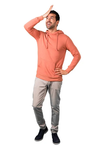 Ganzkörper Des Mannes Einem Rosa Sweatshirt Hat Gerade Etwas Erkannt — Stockfoto