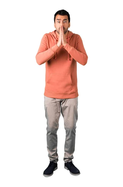 Full Body Man Pink Sweatshirt Pleading Something Isolated White Background — Stok Foto
