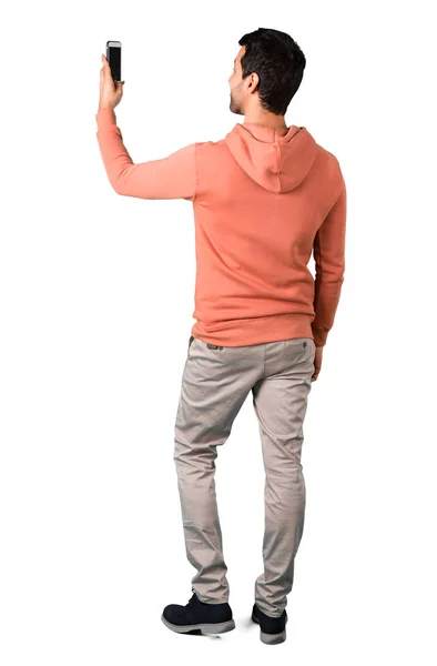 Full Body Man Pink Sweatshirt Taking Selfie Mobile Isolated White — Stock Photo, Image