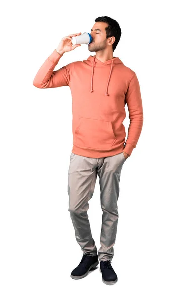 Ganzkörper Des Mannes Einem Rosa Sweatshirt Der Heißen Kaffee Einer — Stockfoto