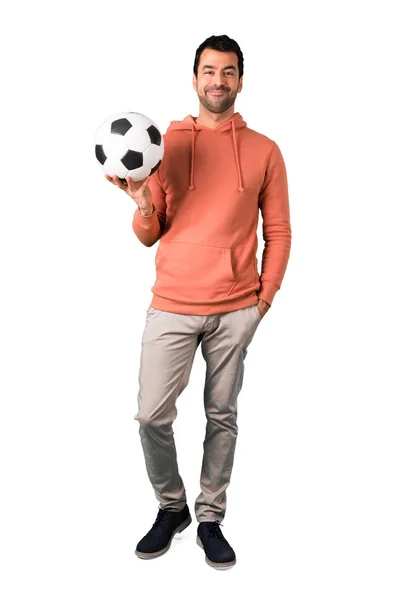 Full Body Man Pink Sweatshirt Soccer Ball — Stock Photo, Image